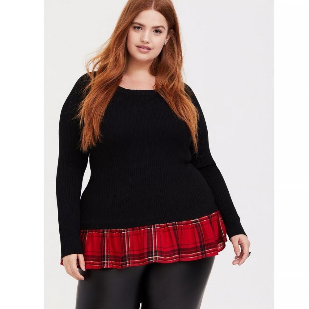 Torrid Black Ribbed Pullover Sweater Size 2X Red Plaid Ruffle Hem Stretch